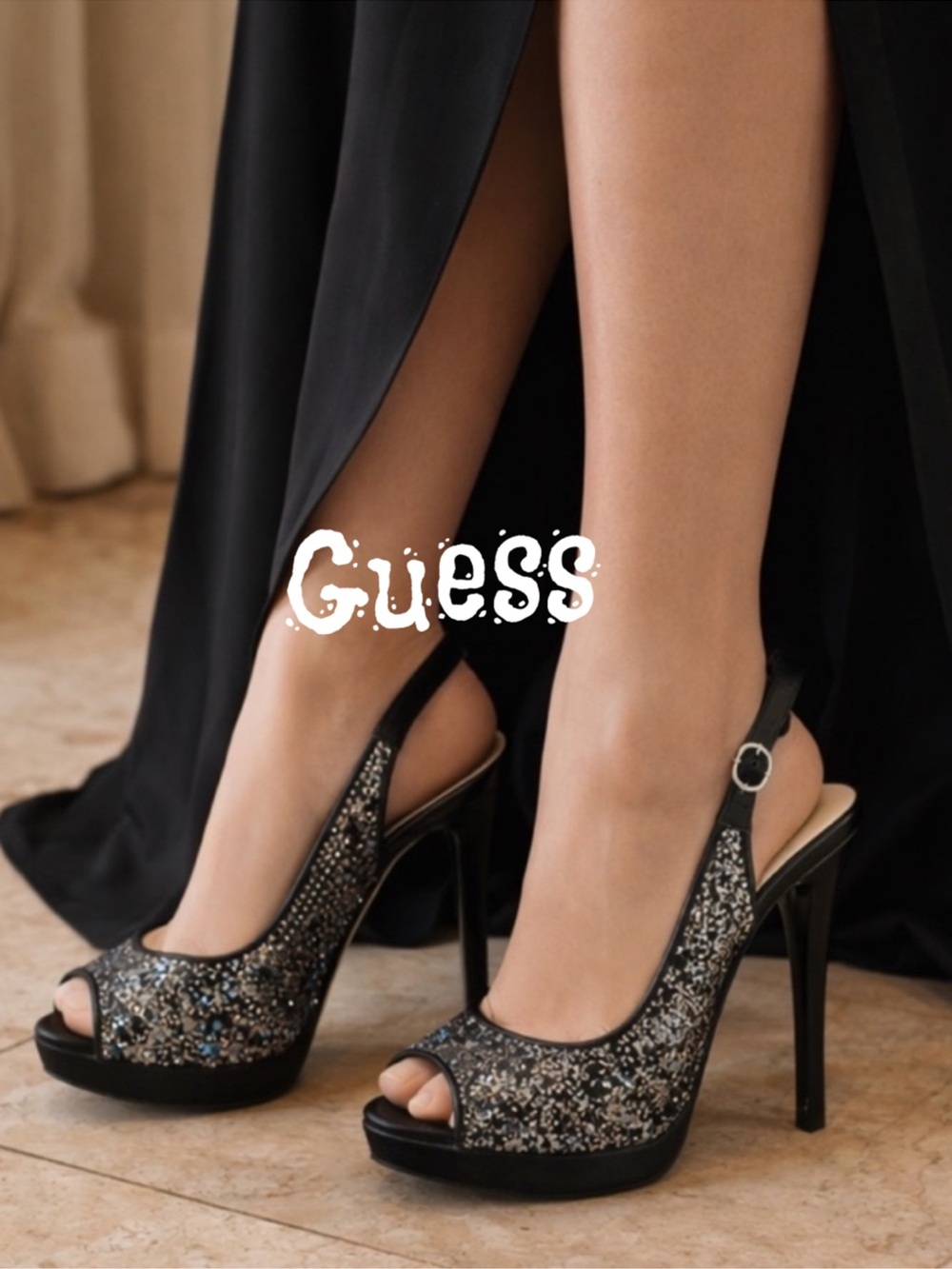 Black Rainbow Sparkle Glitter Peep Toe Slingback Platform Shoes
